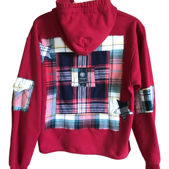 Upcycled Patchwork Hoodie, Size Medium: Red Plaid, Star Appliqués, Grunge Style - Picture 1 of 13